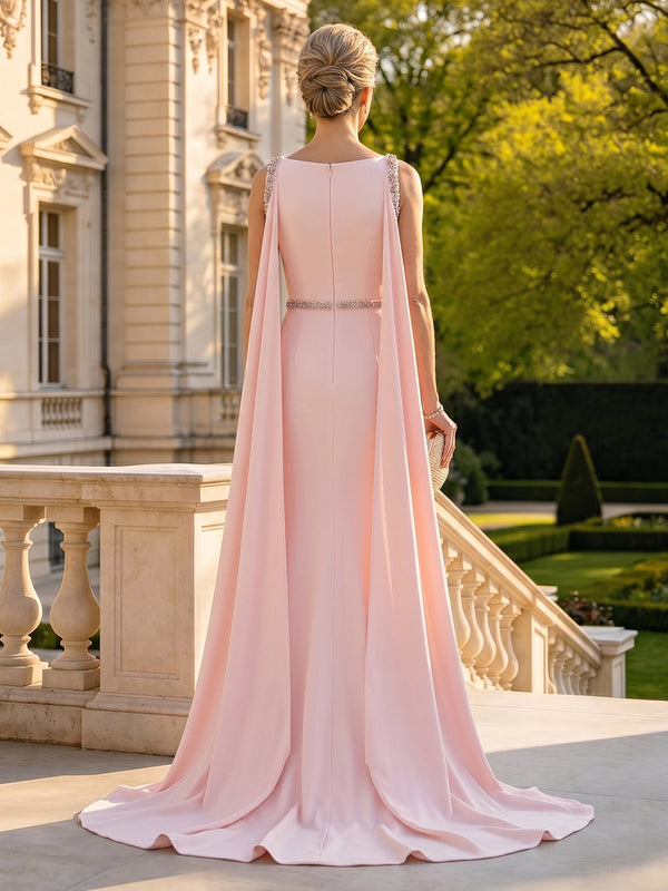 Satin Mermaid Boat Neck Long Mother of the Bride Dresses with Pleated