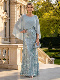 Lace Sequin Round Neck Mermaid Mother of the Bride Dresses with Cape