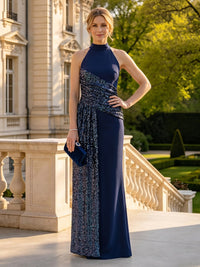 Satin A Line Halter Long Mother of the Bride Dresses with Pleated