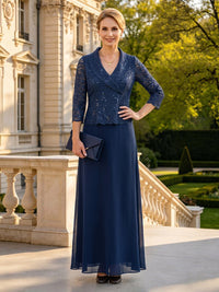 Chiffon V Neck 3/4 Sleeves 2 Pieces A Line Mother of the Bride Dresses