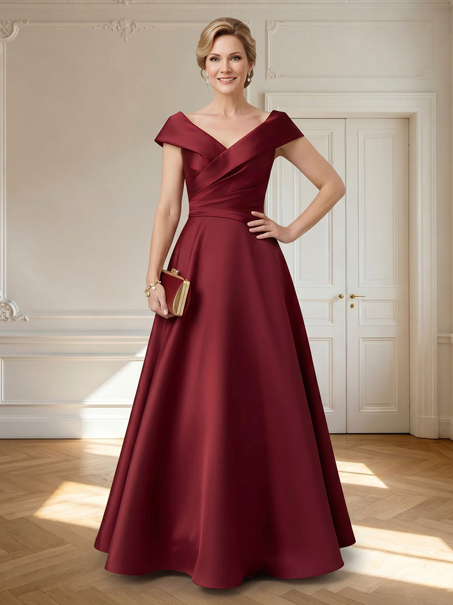 Satin A Line V Neck Off Shoulder Long Mother of the Bride Dresses