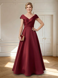 Satin A Line V Neck Off Shoulder Long Mother of the Bride Dresses