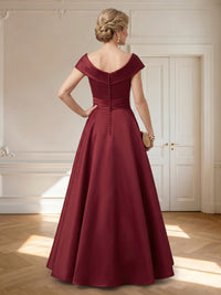 Satin A Line V Neck Off Shoulder Long Mother of the Bride Dresses