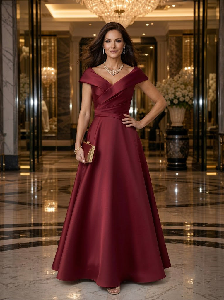 Satin A Line V Neck Off Shoulder Long Mother of the Bride Dresses