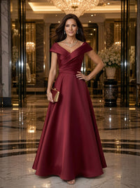 Satin A Line V Neck Off Shoulder Long Mother of the Bride Dresses