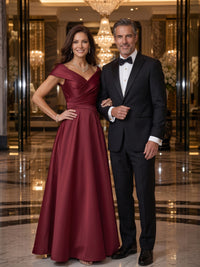 Satin A Line V Neck Off Shoulder Long Mother of the Bride Dresses