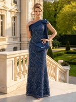Lace Sequin One Shoulder Long Mother of the Bride Dresses with Bow