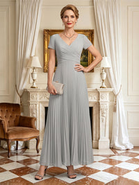 Chiffon A Line V Neck Short Sleeves Long Mother of the Bride Dresses with Pleated