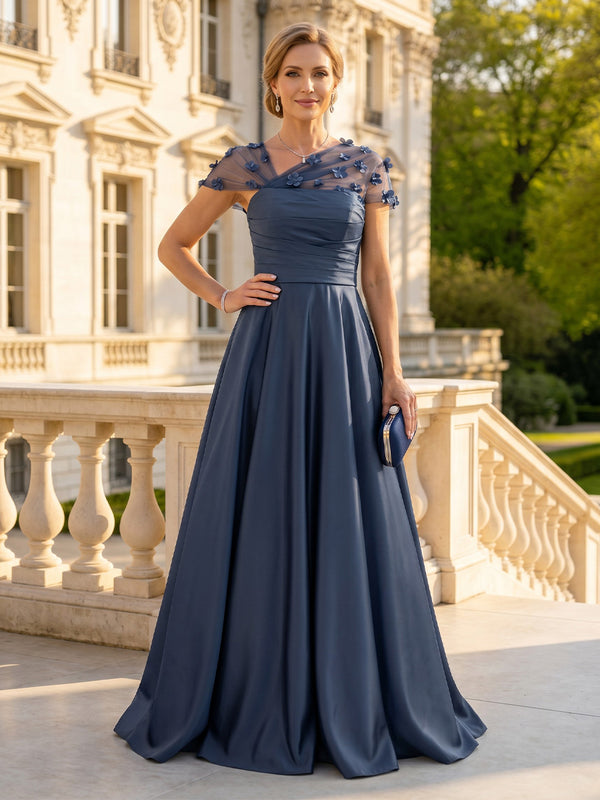 A Line Satin Strapless Long Mother of the Bride Dresses with 3D Flower
