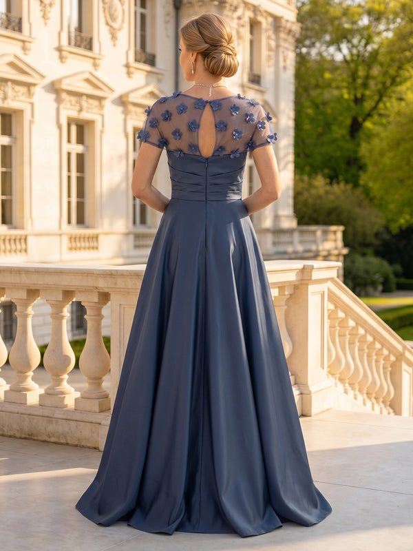 A Line Satin Strapless Long Mother of the Bride Dresses with 3D Flower