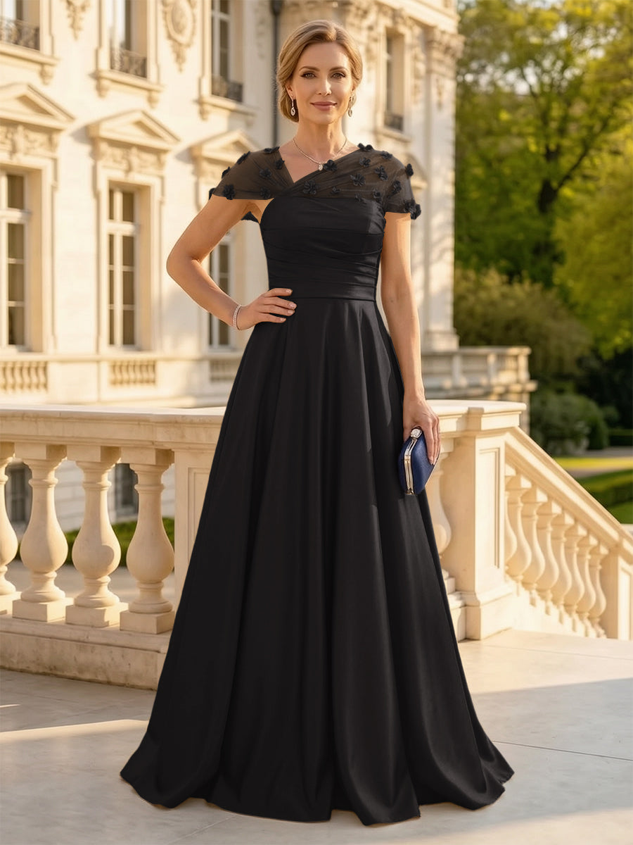 A Line Satin Strapless Long Mother of the Bride Dresses with 3D Flower