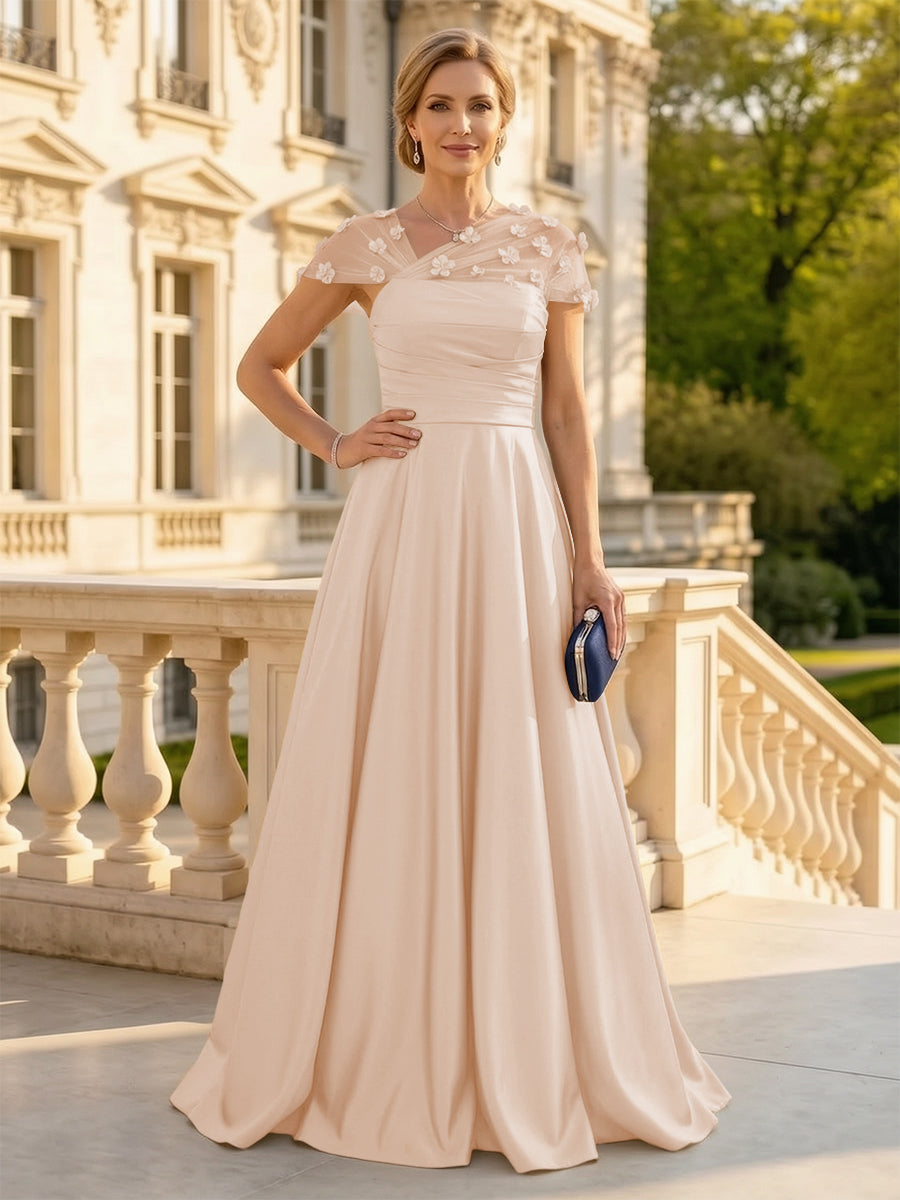 A Line Satin Strapless Long Mother of the Bride Dresses with 3D Flower