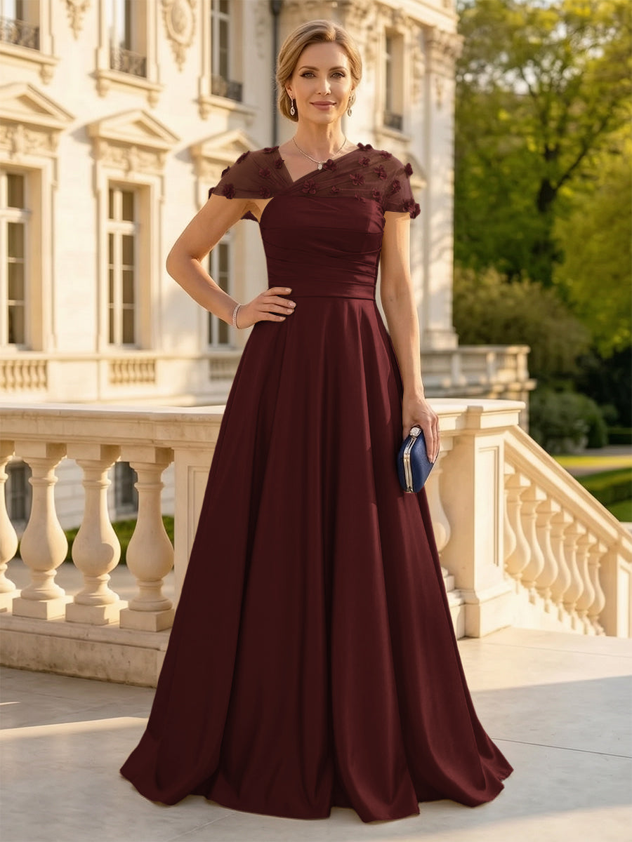 A Line Satin Strapless Long Mother of the Bride Dresses with 3D Flower