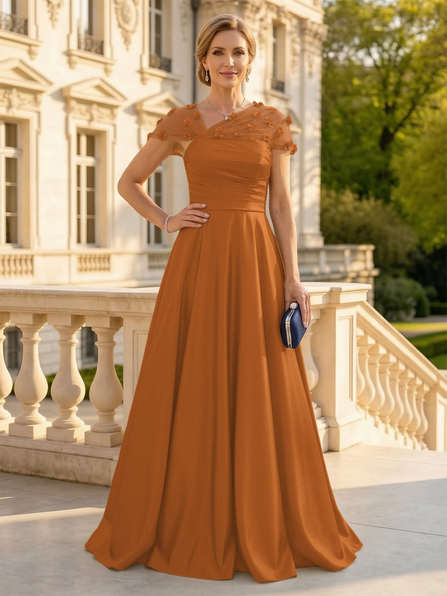 A Line Satin Strapless Long Mother of the Bride Dresses with 3D Flower