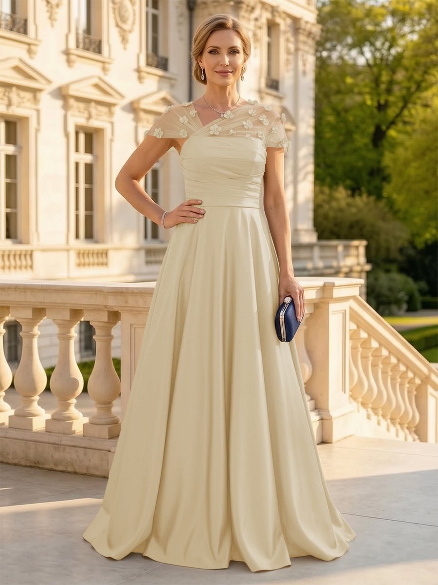A Line Satin Strapless Long Mother of the Bride Dresses with 3D Flower