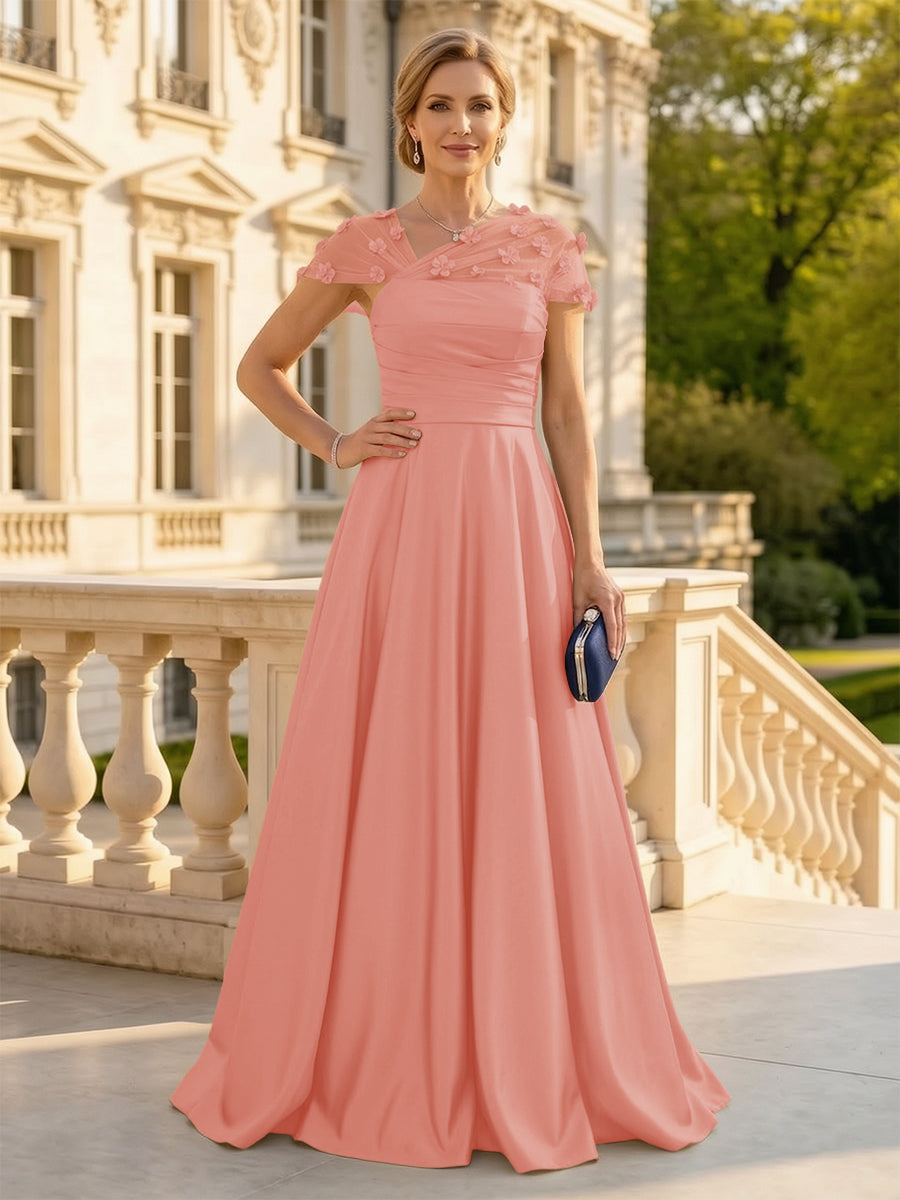 A Line Satin Strapless Long Mother of the Bride Dresses with 3D Flower