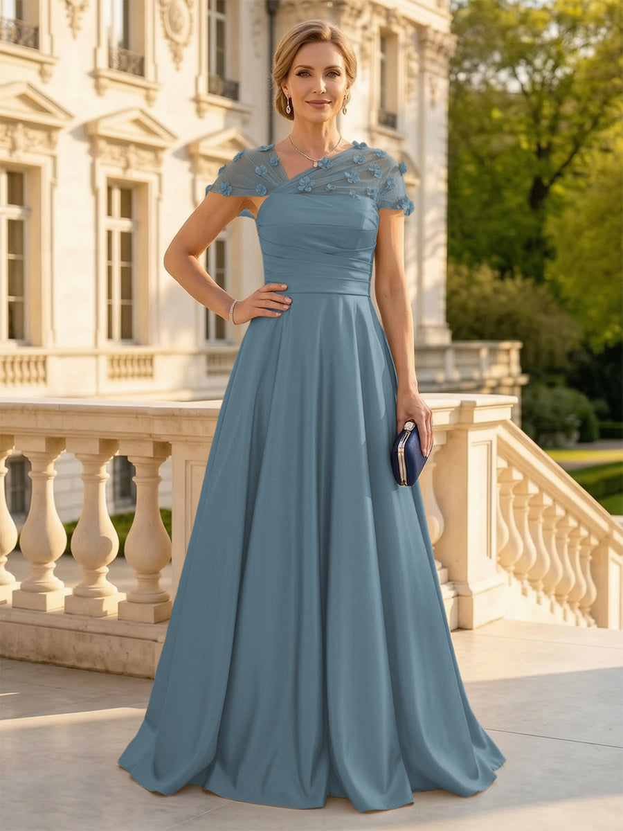 A Line Satin Strapless Long Mother of the Bride Dresses with 3D Flower