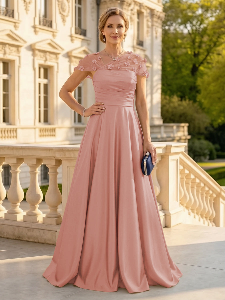 A Line Satin Strapless Long Mother of the Bride Dresses with 3D Flower
