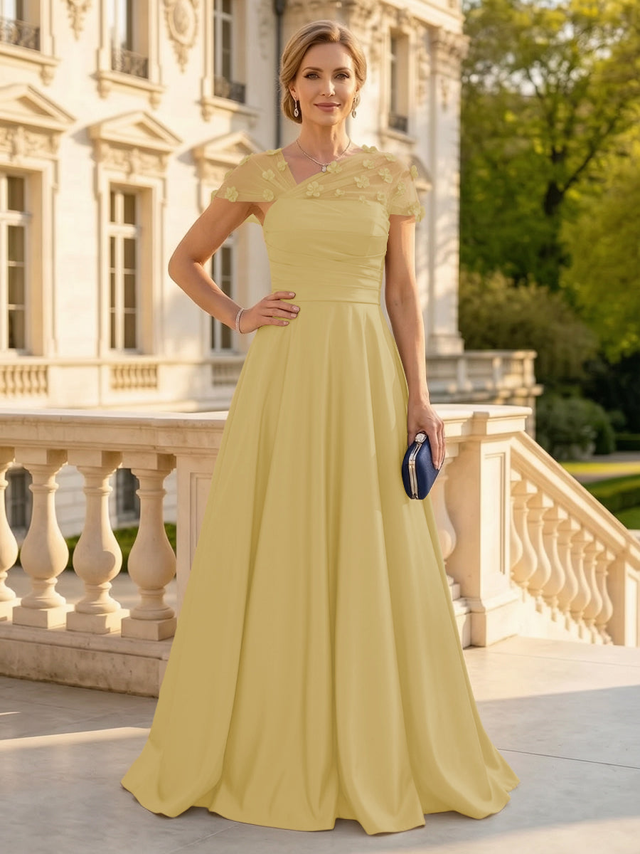 A Line Satin Strapless Long Mother of the Bride Dresses with 3D Flower