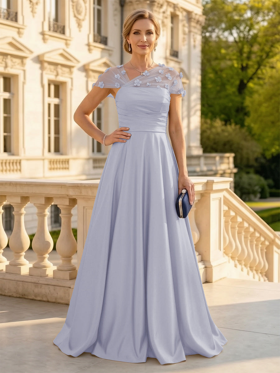 A Line Satin Strapless Long Mother of the Bride Dresses with 3D Flower