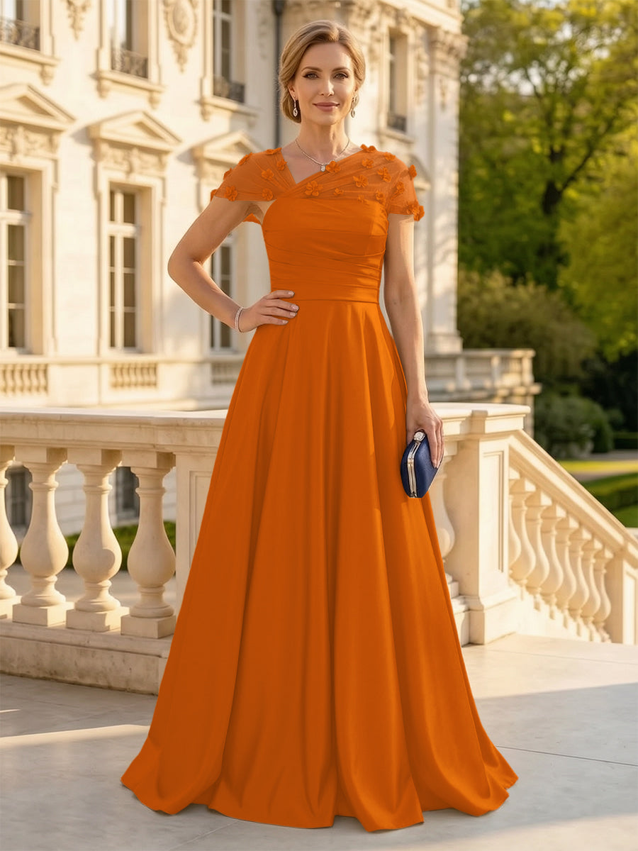 A Line Satin Strapless Long Mother of the Bride Dresses with 3D Flower