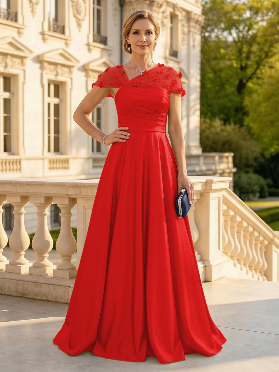 A Line Satin Strapless Long Mother of the Bride Dresses with 3D Flower
