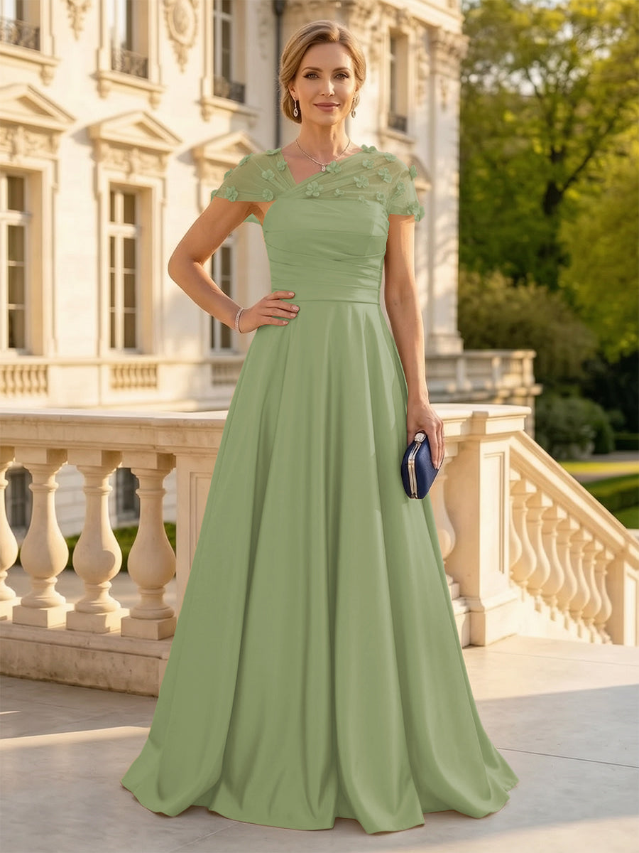 A Line Satin Strapless Long Mother of the Bride Dresses with 3D Flower