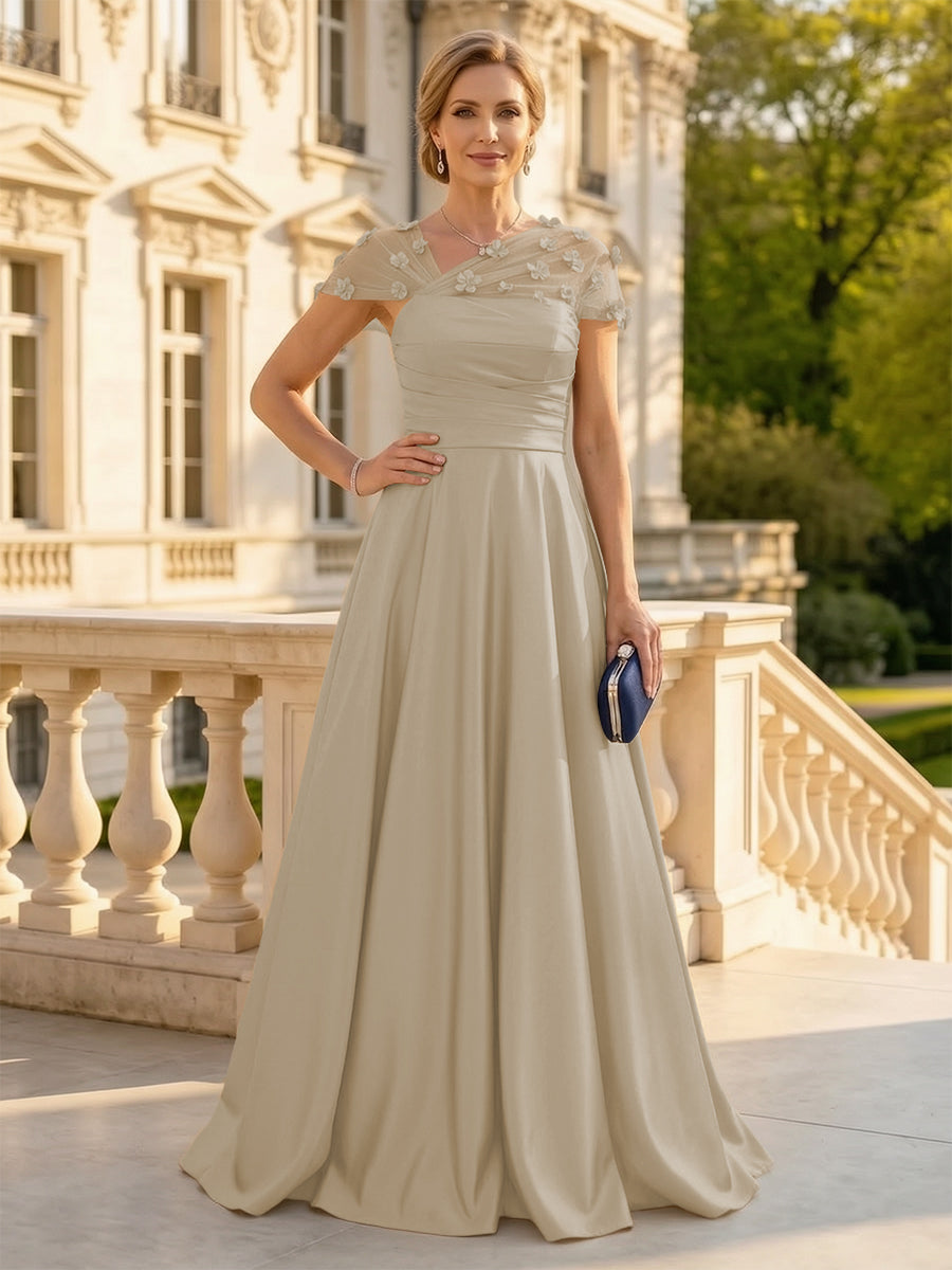 A Line Satin Strapless Long Mother of the Bride Dresses with 3D Flower