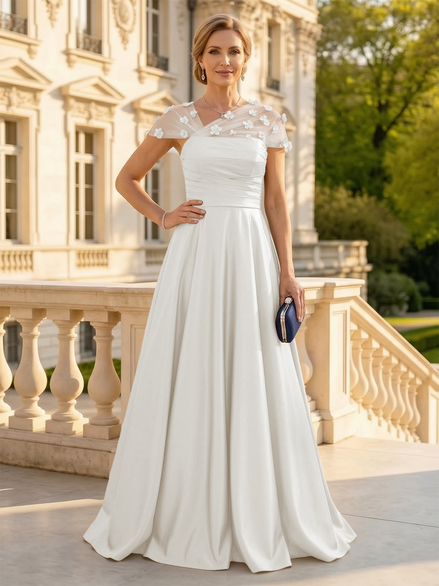 A Line Satin Strapless Long Mother of the Bride Dresses with 3D Flower