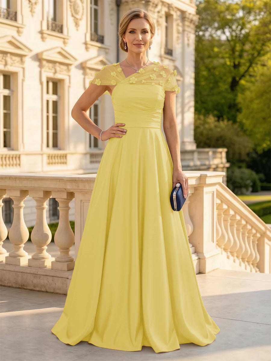 A Line Satin Strapless Long Mother of the Bride Dresses with 3D Flower