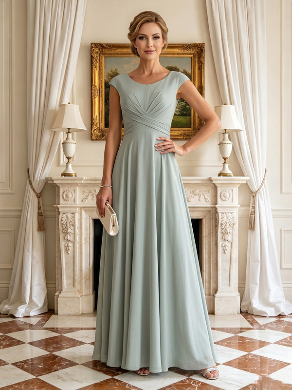 Chiffon Round Neck Off Shoulder A Line Long Mother of the Bride Dresses