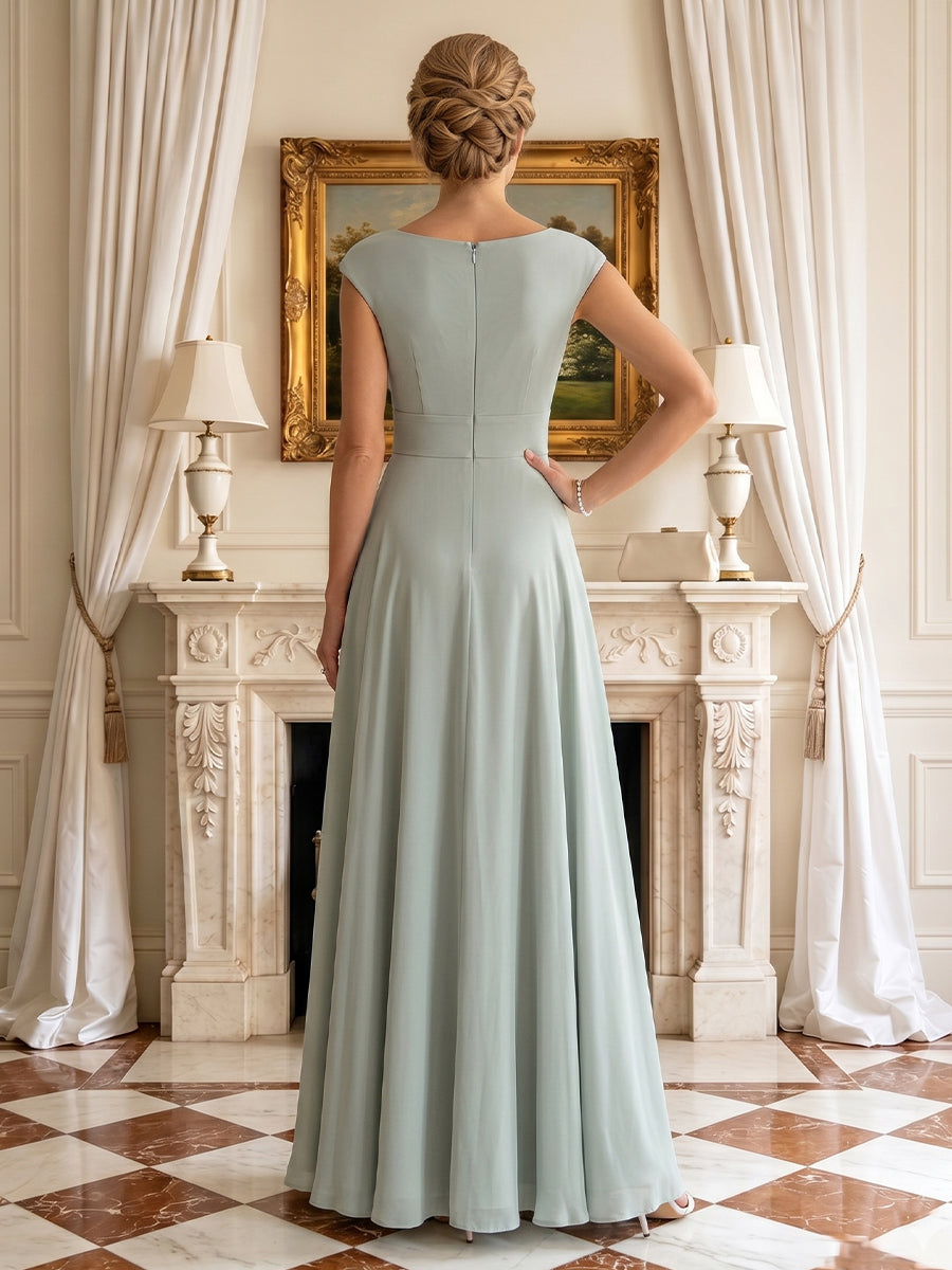 Chiffon Round Neck Off Shoulder A Line Long Mother of the Bride Dresses