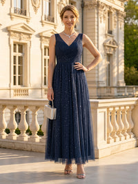 Tulle V Neck Sleeveless Tea Length Mother of the Bride Dresses