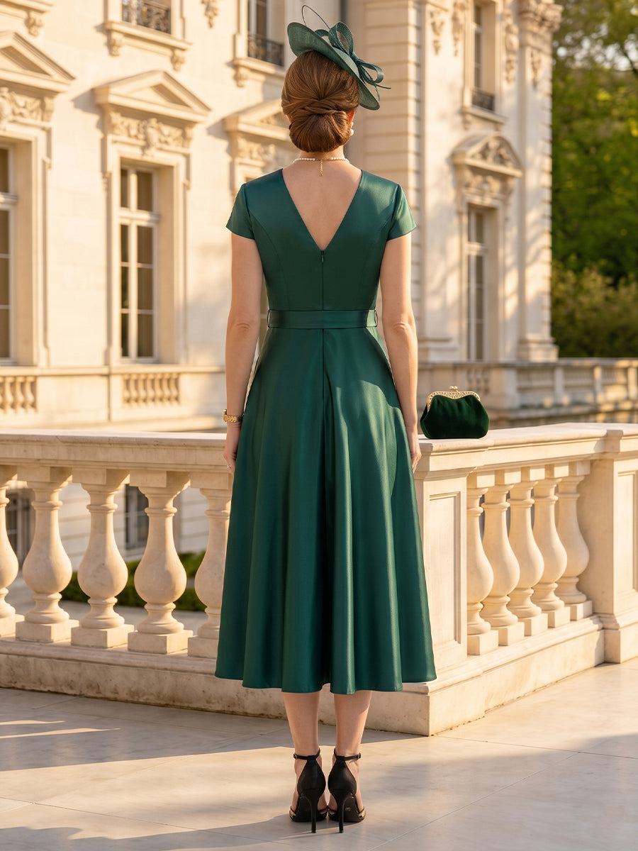 Satin A Line V Neck Short Sleeves Tea Mother of the Bride Dresses