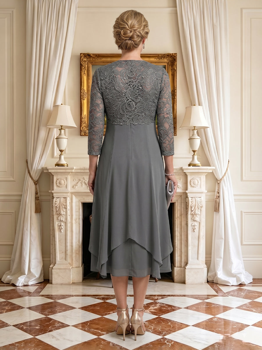 Lace Appliques 3/4 Sleeves V Neck Tea Mother of the Bride Dresses with Cape