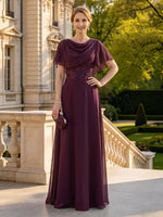 Chiffon Round Neck Short Sleeves A Line Long Mother of the Bride Dresses