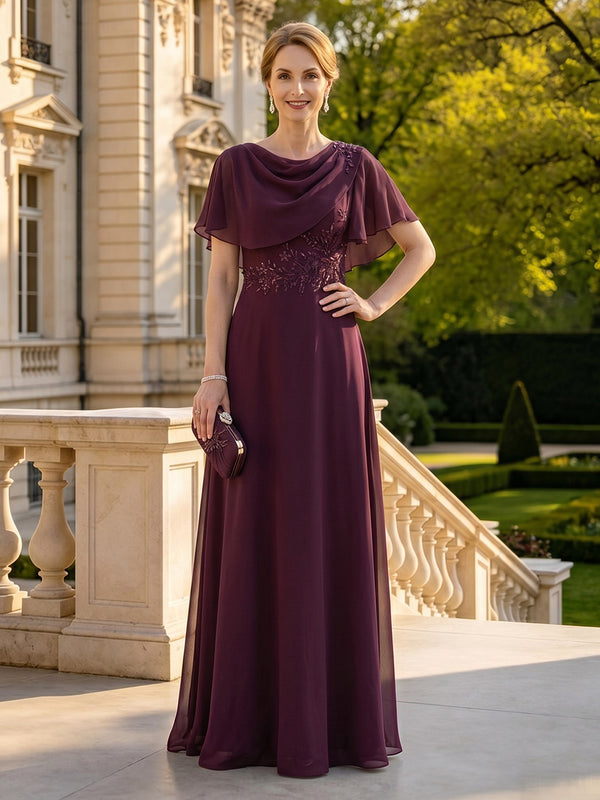 Chiffon Round Neck Short Sleeves A Line Long Mother of the Bride Dresses