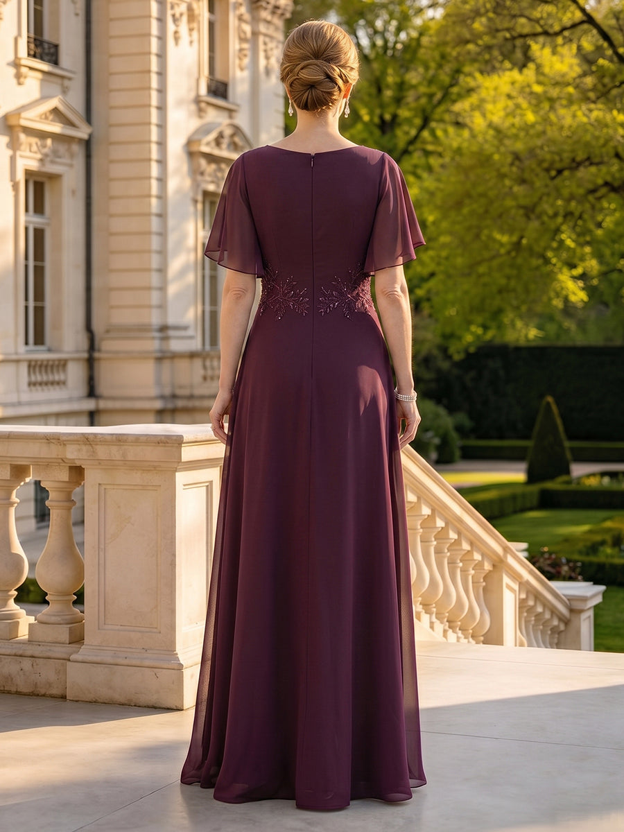 Chiffon Round Neck Short Sleeves A Line Long Mother of the Bride Dresses