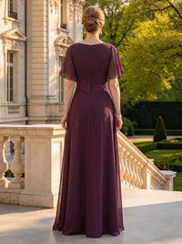 Chiffon Round Neck Short Sleeves A Line Long Mother of the Bride Dresses