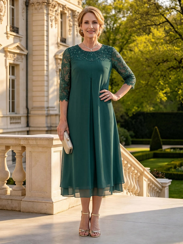A Line Chiffon 3/4 Sleeves Round Neck Tea Mother of the Bride Dresses