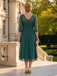 A Line Chiffon 3/4 Sleeves Round Neck Tea Mother of the Bride Dresses