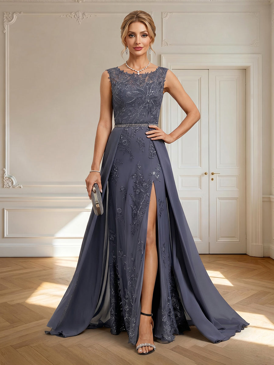 Lace Appliques Sleeveless Round Neck Long Mother of the Bride Dresses with Train