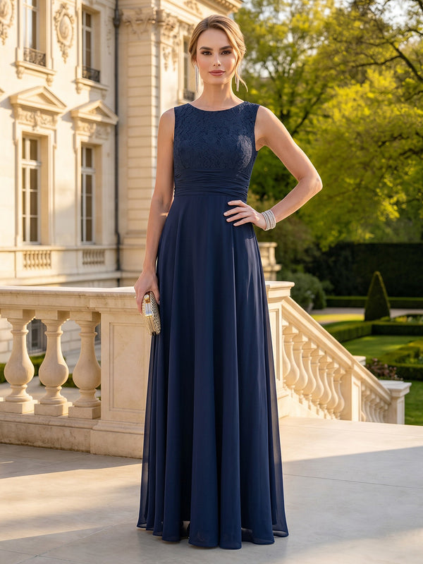 A Line Chiffon Sleeveless Round Neck Long Mother of the Bride Dresses