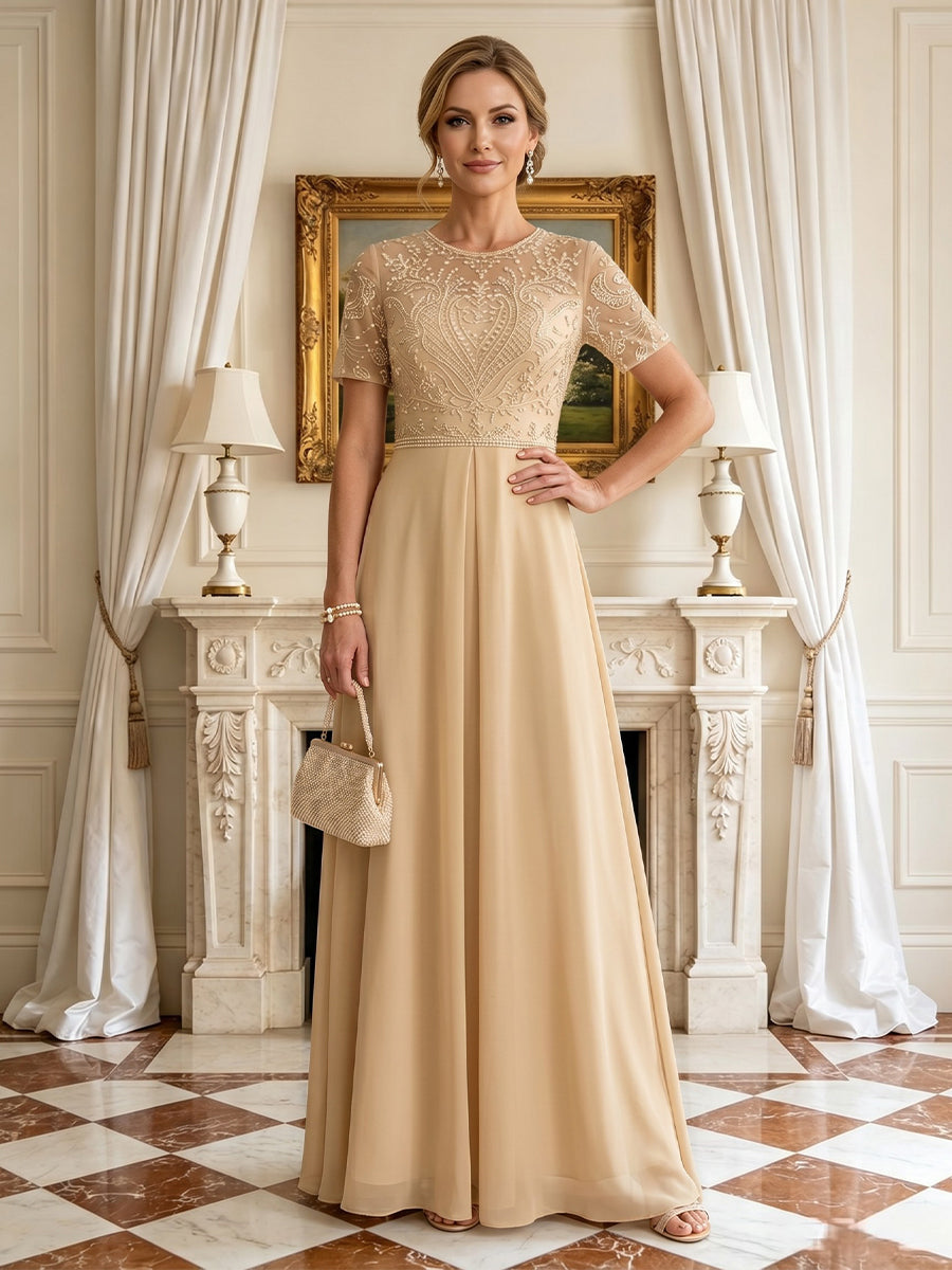 Lace Appliques A Line Round Neck Short Sleeves Long Mother of the Bride Dresses