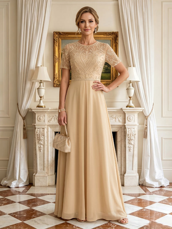 Lace Appliques A Line Round Neck Short Sleeves Long Mother of the Bride Dresses