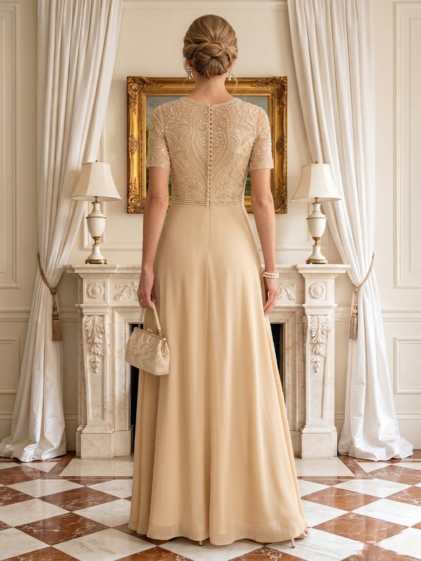Lace Appliques A Line Round Neck Short Sleeves Long Mother of the Bride Dresses