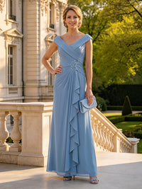 Chiffon Sleeveless V Neck Long Mother of the Bride Dresses with Ruffles