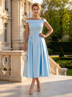 Satin Off Shoulder Strapless Tea Mother of the Bride Dresses