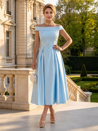 Satin Off Shoulder Strapless Tea Mother of the Bride Dresses