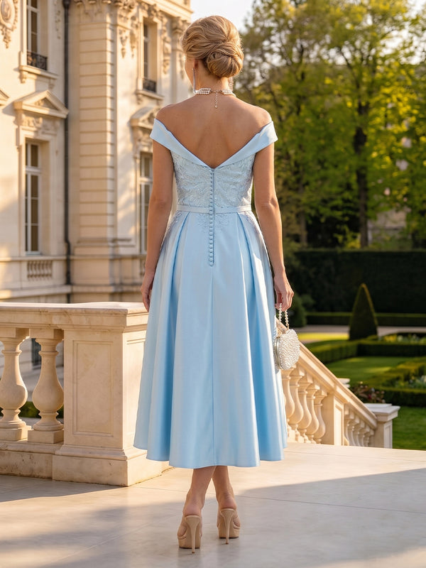Satin Off Shoulder Strapless Tea Mother of the Bride Dresses
